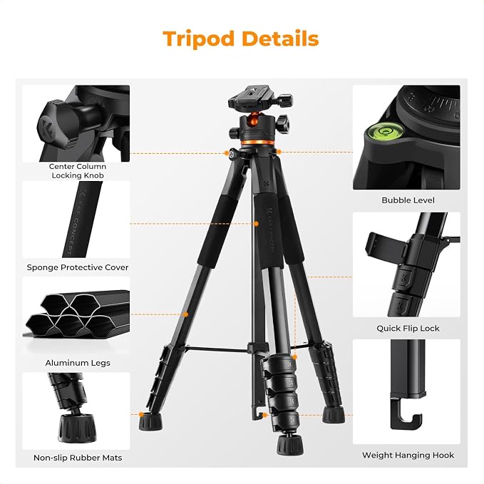 K&F CONCEPT 75 inch/190cm Camera Tripod, Lightweight Travel Outdoor DSLR Tripods