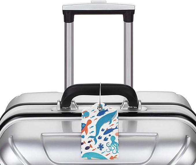 2 Pcs Underwater Ocean Sea of Animals Luggage Tags for Suitcases, Graffiti on Drawn of Marine Creatures Tags Birthday Gifts for Men Women Boy Girl Kid