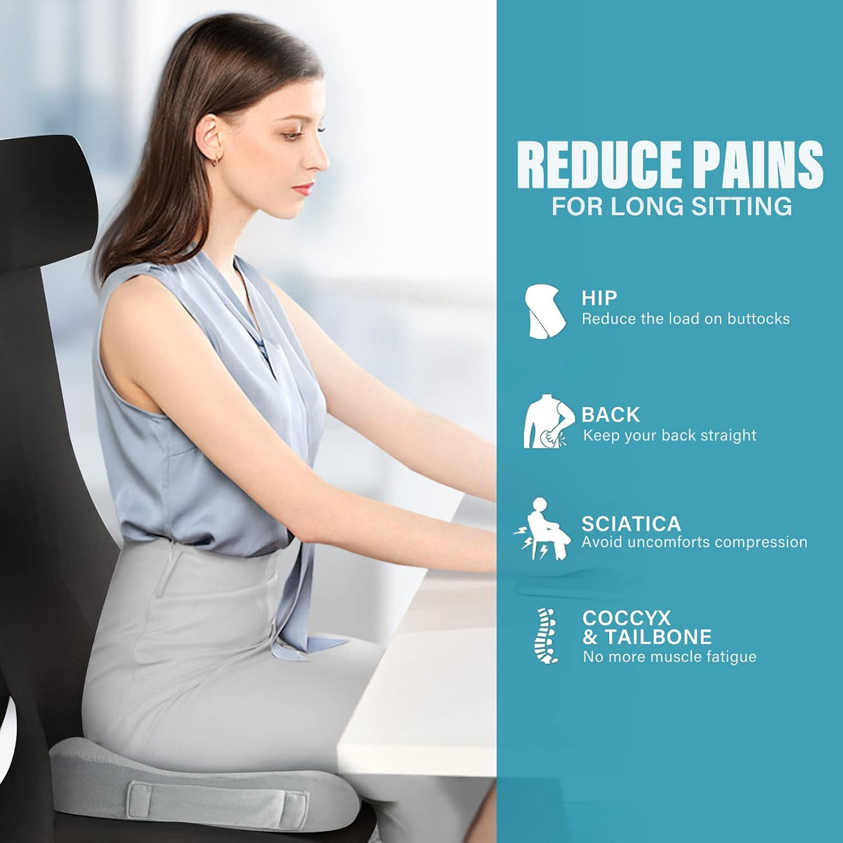 WAOAW Seat Cushion, Office Chair Cushions Butt Pillow for Long Sitting, Memory Foam Chair Pad for Back, Coccyx, Tailbone Pain Relief (Grey)