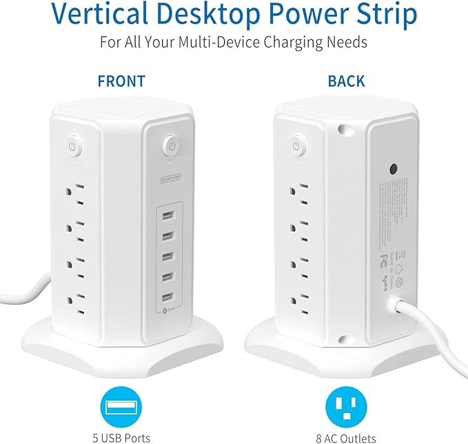 Power Strip Tower Surge Protector, NTONPOWER 8 Outlet 5 USB Desktop Charging Station 1625W 13A, 6ft Extension Cord Flat Plug, Individual Switches, 1080 Joules, Overload Protection for Home Office