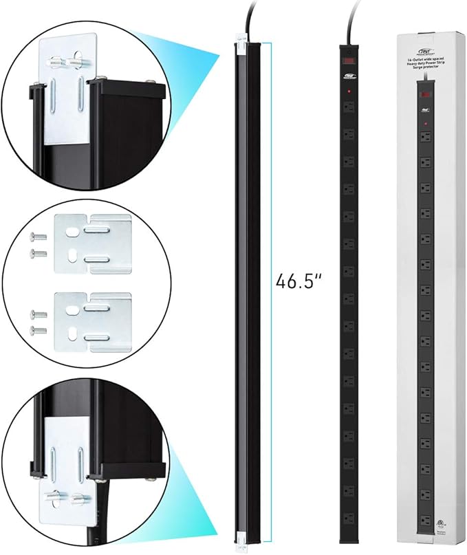 16-Outlet Long Power Strip Heavy Duty Surge Protector Wide Spaced Metal Power Strip with Mounting Brackets, 1800J, 15A, 6FT ETL Listed
