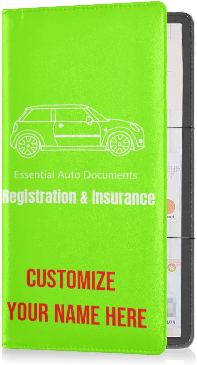 Custom Car Registration and Insurance Card Holder Personalized Leather Glove Box Organize Men Women Wallet Accessories Case for Cards, Essential Document Driver License Fluorescent Green