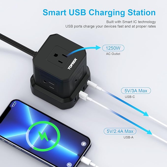 TOPREK Power Strip Surge Protector (700J), 10 FT Flat Extension Cord with 5 Outlets, 2 USB-C & 2 USB-A, Power Strip with USB for Home, Office, Dorm, Hotel, Travel, Compact Desk Charging Station
