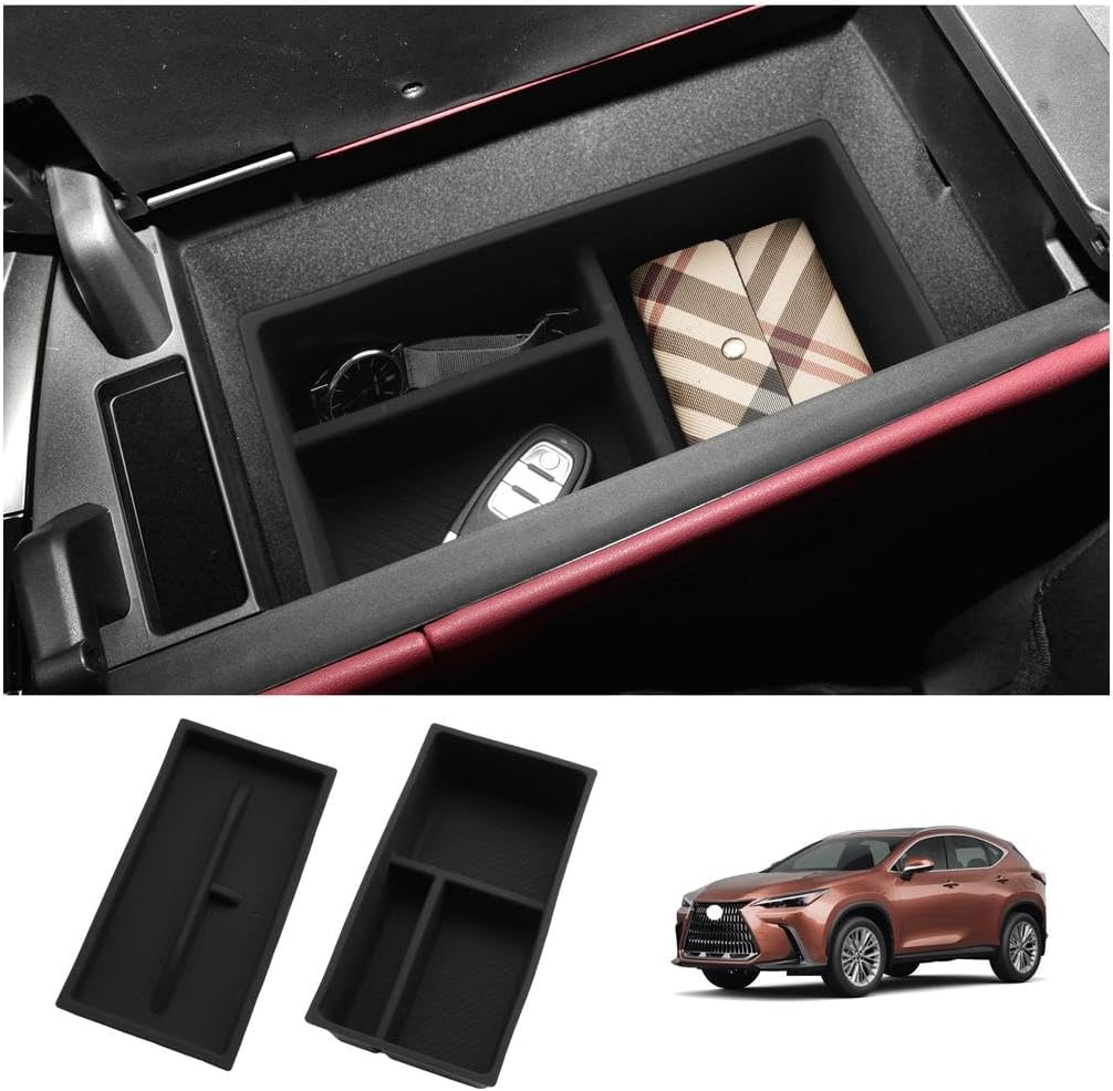 LUWU Lexus NX 2025 2026 Center Console Organizer for 2022 2023 2024 2025 2026 Lexus NX250/NX350/NX450 Accessories Armrest Console Storage Box Glove Organizer Tray Silicone Material 2-Pack (Black)