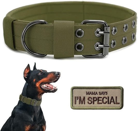 Tactical Dog Collar Military Adjustable Dog Collars Soft Nylon Training Collar with Patch Heavy Duty Metal Buckle Collars for Medium Large Dogs (Green, M)