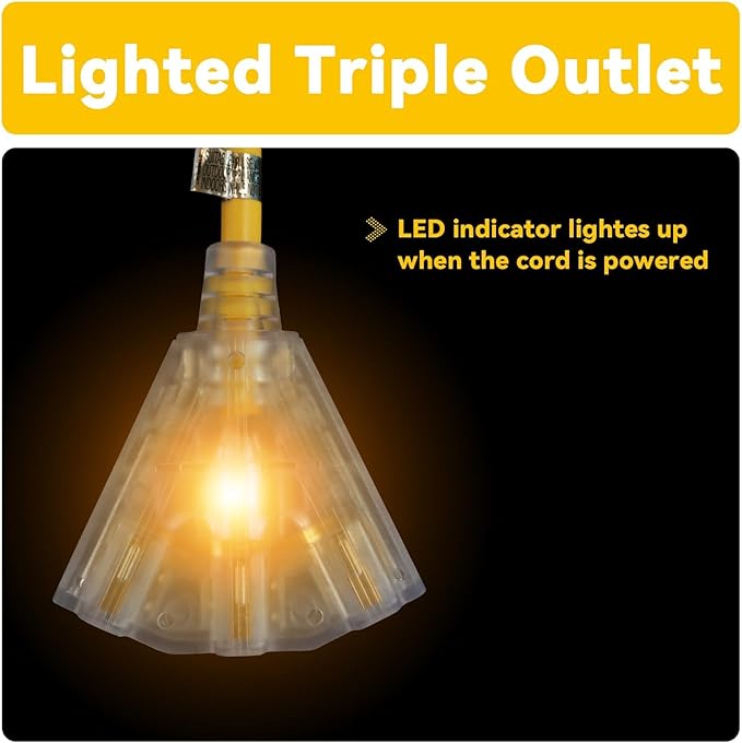 EP 12 Ft 12 Gauge Heavy Duty Extension Cord, 15A 125V 1875W, 3 Outlet Indoor/Outdoor Power Cord with Lighted End, 12/3 SJTW Weatherproof Yellow