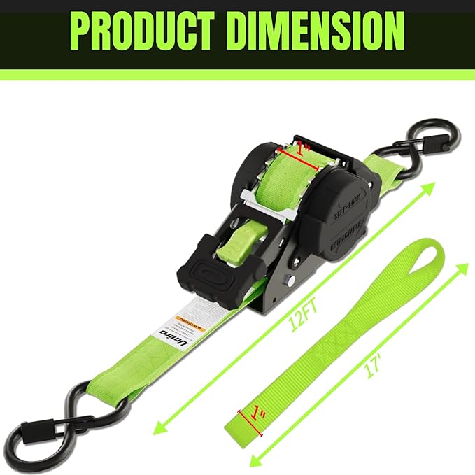 Retractable Ratchet Straps 1 Inch x 12 Feet Heavy Duty Tie Downs Auto Retract Strap 1760lb Break Strength,Self Retracting for Truck,Cargo,Trailer,Motorcycle,ATV,UTV (Fluorescent Green,2 Pack)