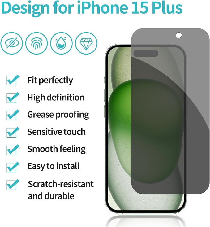PEHAEL 2+2 Pack for iPhone 15 Plus Privacy Screen Protector