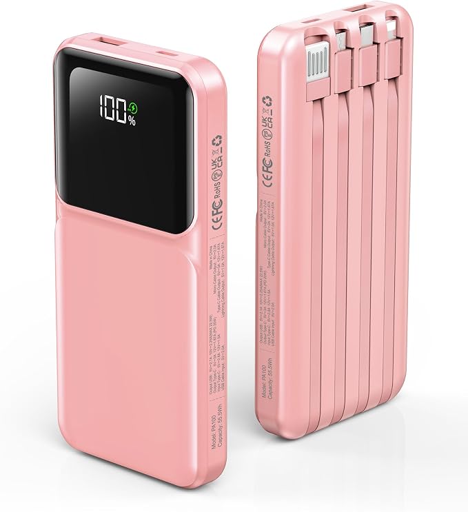 RONEGN Portable Charger with Built in Cable - Power Bank Fast Charging USB C LED Display 10000mah Battery Pack 5 Outputs & 3 Inputs for Travel Essentials iPhone Samsung Android Phones Tablets Pink