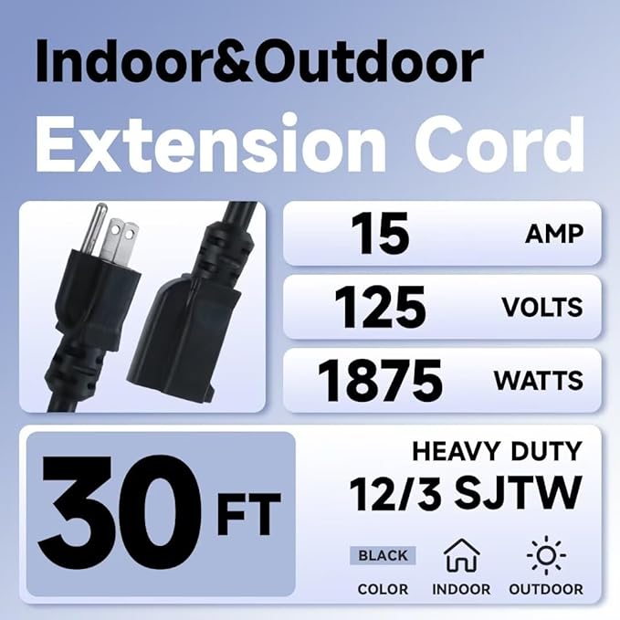 Indoor Outdoor Extension Cord, 12 Gauge 3 Prong Weatherproof Heavy Duty Black Extension Cords，12/3 SJTW 15A 30 FT Extension Cable for Garage, Garden and Home, UL Listed