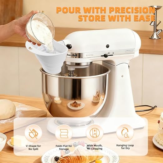 Flour Funnel for Kitchen Aid&Cream Scraper Set, Silicone Food-Grade | Stand Mixer | Leak-Proof Large Capacity Collapsible Design (Blue, Ordinary * 1 + Extended * 1 + Cream Scraper Set)