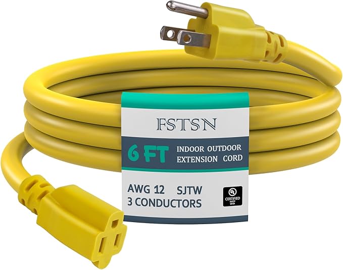6 ft Heavy Duty Extension Cord Yellow - 12/3 SJTW 15 AMP Indoor Power Cord with 3 Prong Grounded Plug for Lawn Mower, Appliances, Workshop, Christmas Lights Water Resistant Flexible Cable.