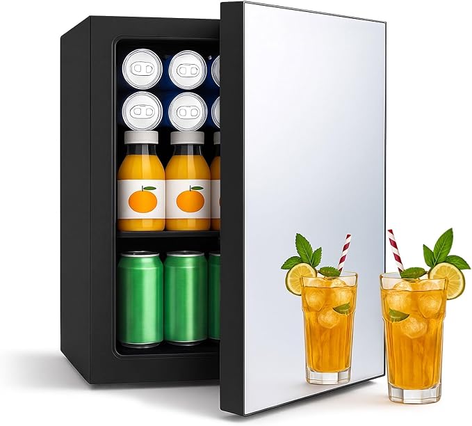 7 Temp Control 24 Can Mini Fridge, 0.95 Cu.Ft Beverage Cooler | for Soda, Beer, Wine, Beauty Products, Mirrored Door Compact Refrigerator for Bedroom, Dorm, Office, Storage