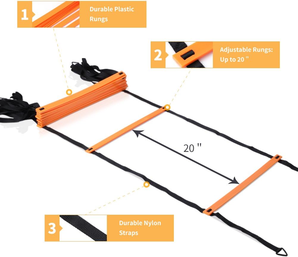 YISSVIC Agility Ladder - 20 Feet with 12 Adjustable Rungs & 10 Cones for Speed Training | Includes Carry Bag & Stakes