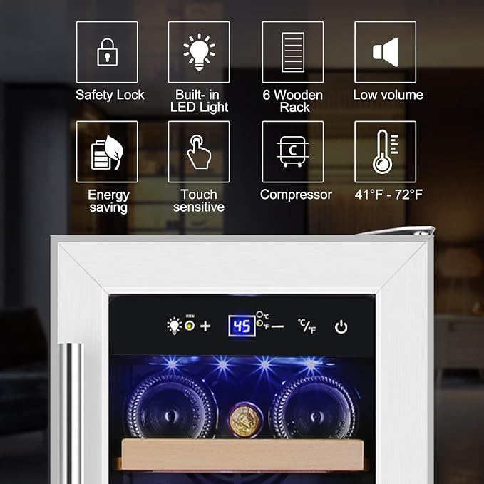 12" Wine Cooler Refrigerator, 18 Bottles Wine Fridge Built-in or Freestanding with Stainless Steel & Double-Layer Tempered Glass Door, Compressor Fast Cooling, Low Noise and No Fog, Mini Fridge