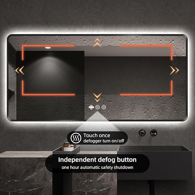 56 x 36 Black LED Bathroom Mirror, Metal Framed Rounded Corner Rectangle Backlit Mirror Bathroom, Anti-Fog, 3-Color Stepless Dimmable Lighted Mirror, Motion Sensor Lights, Memory Function
