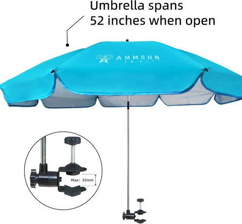 AMMSUN XL Chair Umbrella - Adjustable 47-Inch 360-Degree Swivel | UPF 50+ Portable Clamp for Beach, Camping, Stroller, Golf Cart - Bright Blue