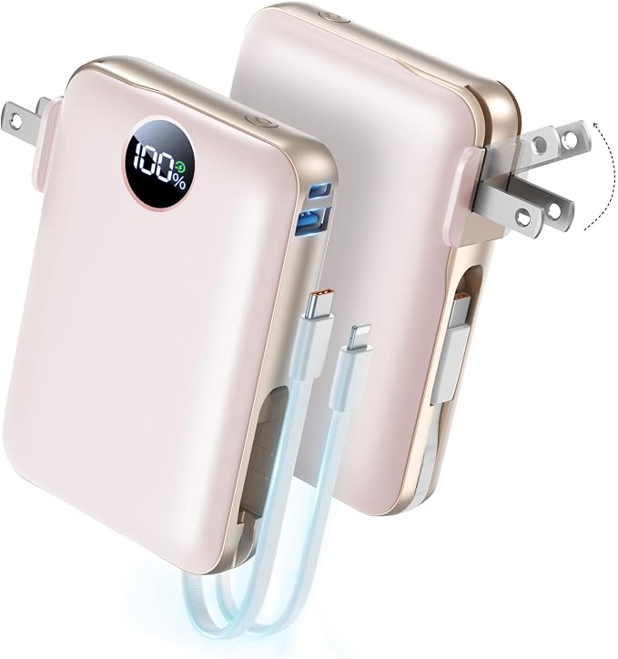Portable Charger with Built-in Cables & Wall Plug, 10000mAh Power Bank, 4 Outputs 22.5W USB C Fast Charging, Slim Travel Battery Pack with LED Display for iPhone 17/16/15/14, Rosegold