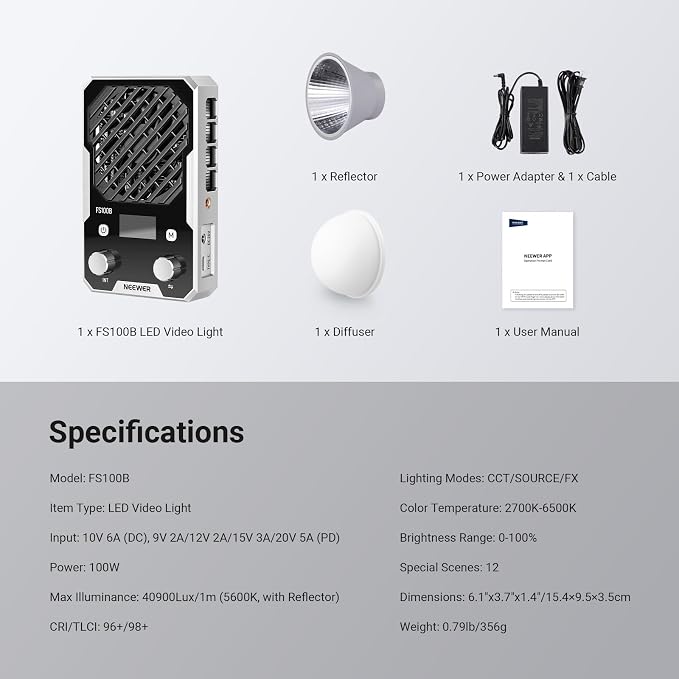 NEEWER 100W Ultra Compact LED Video Light APP/Panel Control, Pocket Size Bi