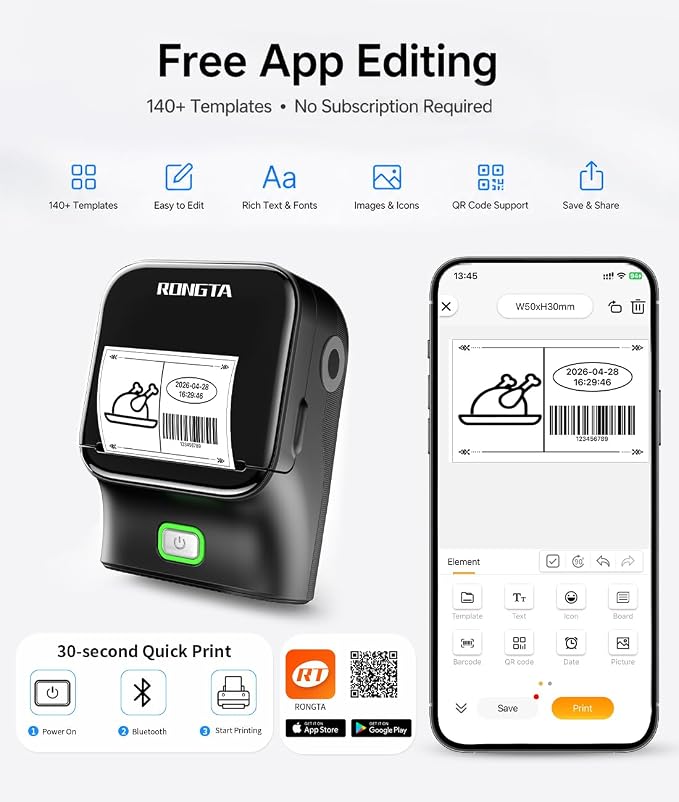 Rongta Bluetooth Label Maker Machine, Thermal Label Printer Easy to Use