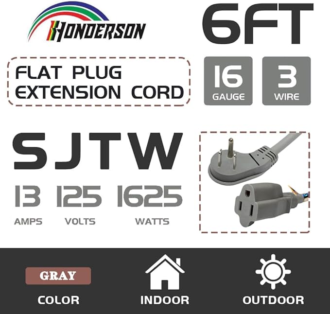 Flat Plug Indoor Extension Cord, UL Certified, 16 Gauge 6FT Grey 3 Prong Heavy Duty, 16/3 SJTW 13A Power Cord for Lights, Appliances, Home