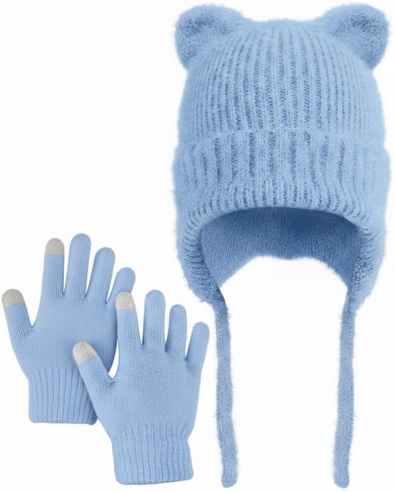 ZOORON Kids Winter Hat and Glove Set - Cat Beanie with Warm Ear Flaps | Knit Skull Cap for Ages 5-15