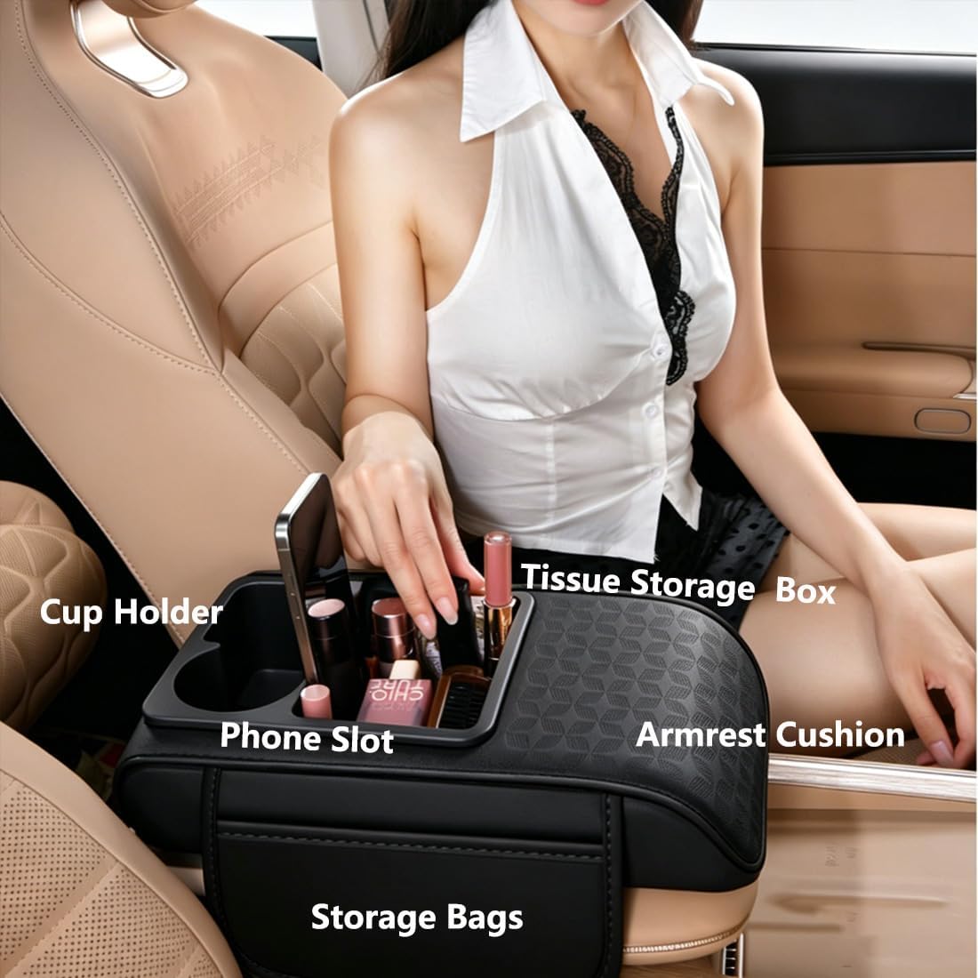 Car Center Console Cover, Auto Car Armrest Cushion 5-in-1 with Cup Holder, Tissue Box Slot, Phone Slot for Vehicle, Car Accessories Interior Storage Organizers (Grey)