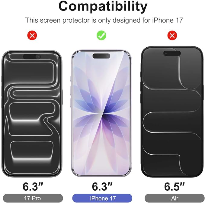 NEW'C 3x Screen Protector for iPhone 17+ 3x Camera Lens Protector, Sensor