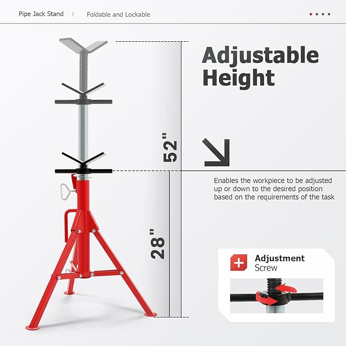 ECOTRIC V-Head Jack Stand Adjustable Height 28"-52" Folding Pipe Stand 2500 lbs Load Capacity Portable Stability Stand Steel Red