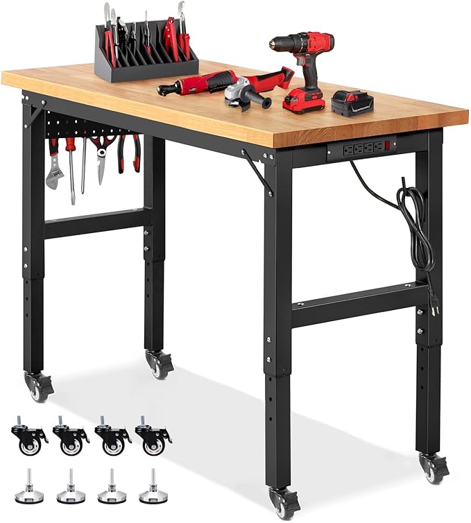ENJOYWOOD 48" x 20" Heavy Duty Workbench with Wheels, Adjustable Height Garage Work Table with Solid Rubberwood Top, Pegboard & Power Outlets for Workshop, Home & Office