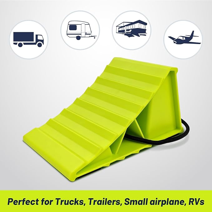 ROBLOCK 4 Pairs Wheel Chocks for Travel Trailers, Non Slip Base Heavy Duty Green Camper Wheel Chockwith Rope, Lightweight Wheel Stoppers for Cars, Camper Trucks, RVs, Easy to Carry, Green