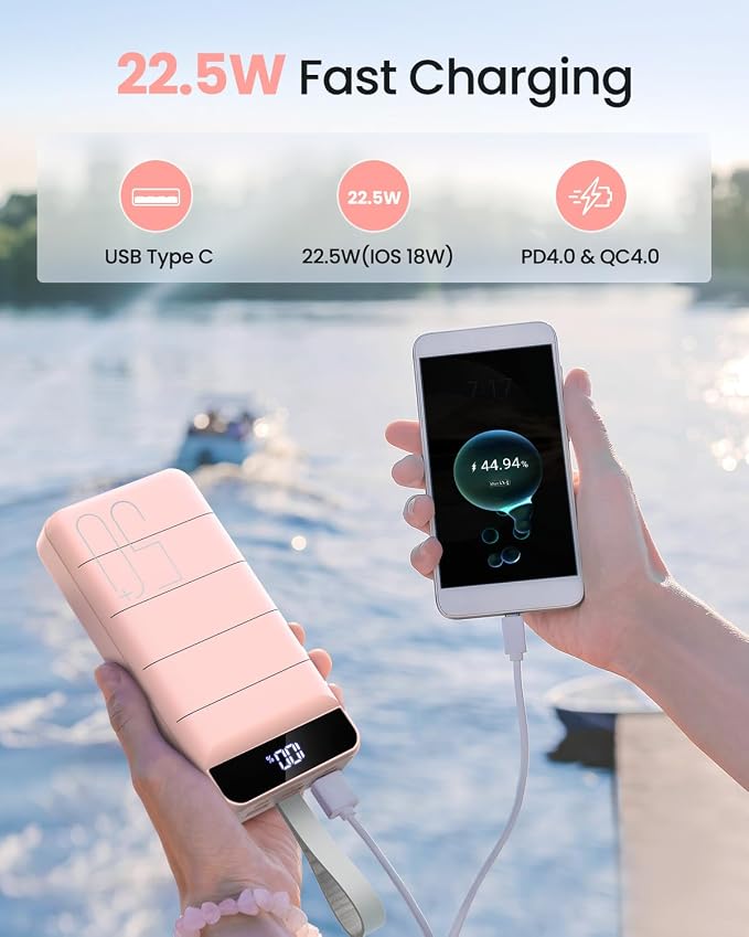 Power Bank Fast Charging 50000mAh - 22.5W Portable Charger USB C Quick Charge with 4 Outputs & 3 Inputs LED Display Huge Capacity External Battery Pack for iPhone, Samsung, iPad etc Pink