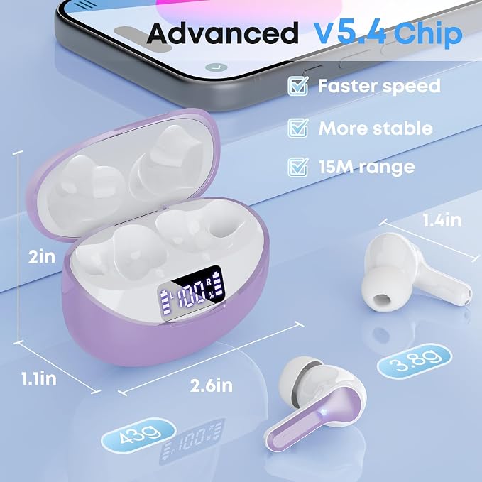 Wireless Earbuds, Bluetooth 5.3 Headphones HiFi Stereo 50H Playback LED Digital Display Ear Buds with ENC Noise Canceling Headset, IPX7 Waterproof Earphones for Gym/Running/Work(Light Purple)