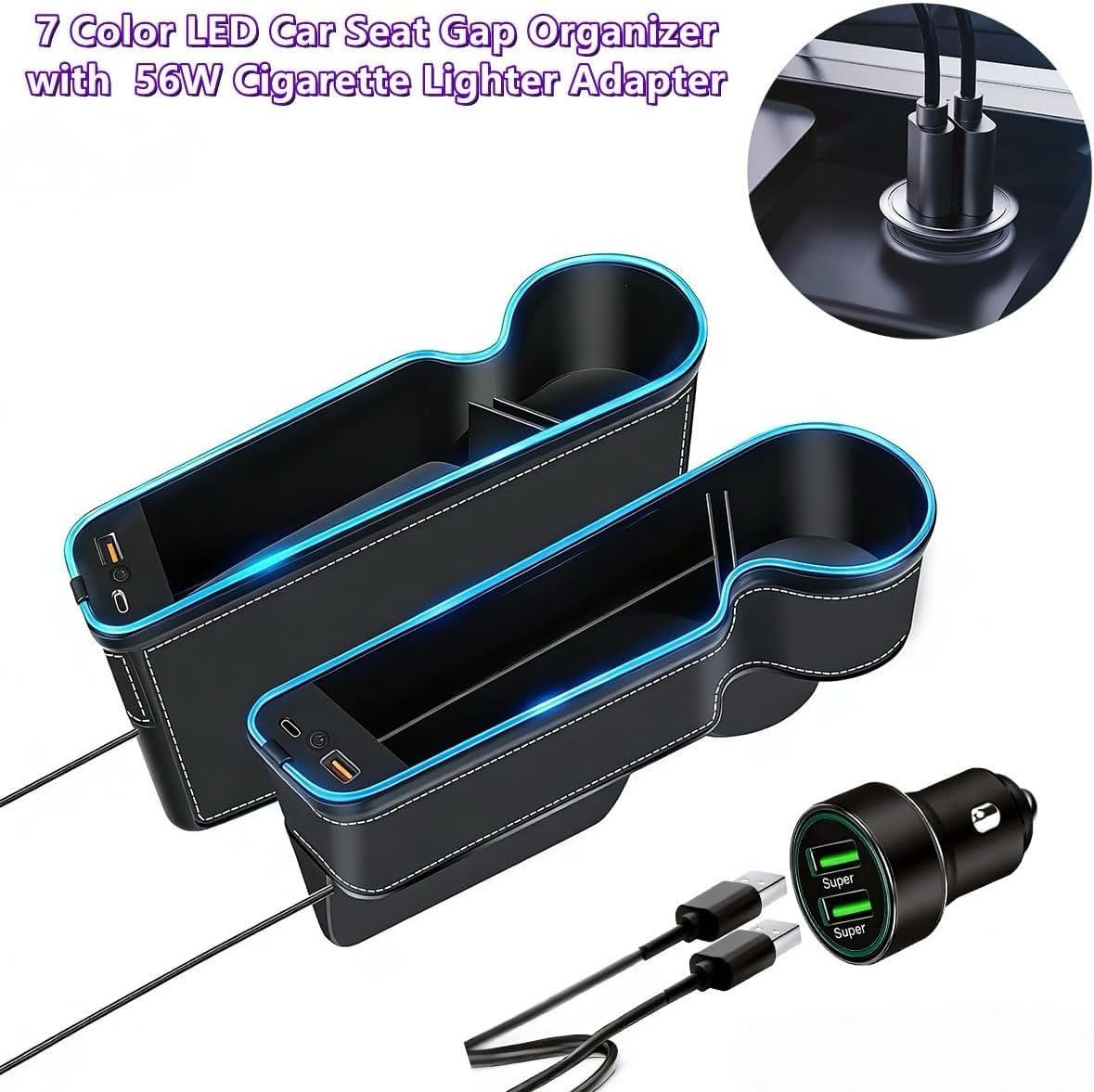 7 Colors LED Car Seat Gap Organizer with 56W Fast Charger 2 Pieces