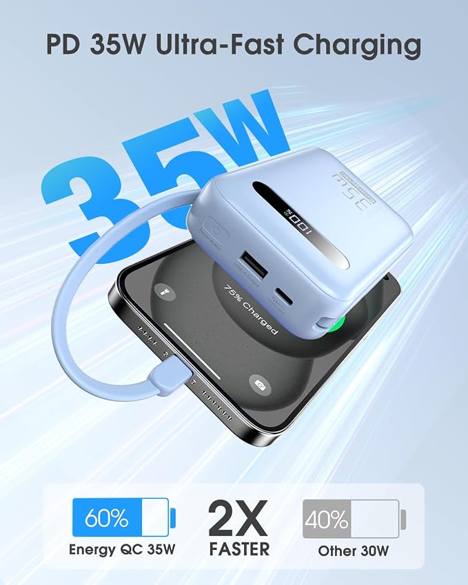 EnergyQC 20000mAh Portable Charger, 35W PD 3.0+QC 4.0 Fast Charging Power Bank with Built-in Lightning & USB-C in&Out Cables, Travel Battery Pack for iPhone 16/15/14/13, Samsung, iPad, Android, Blue