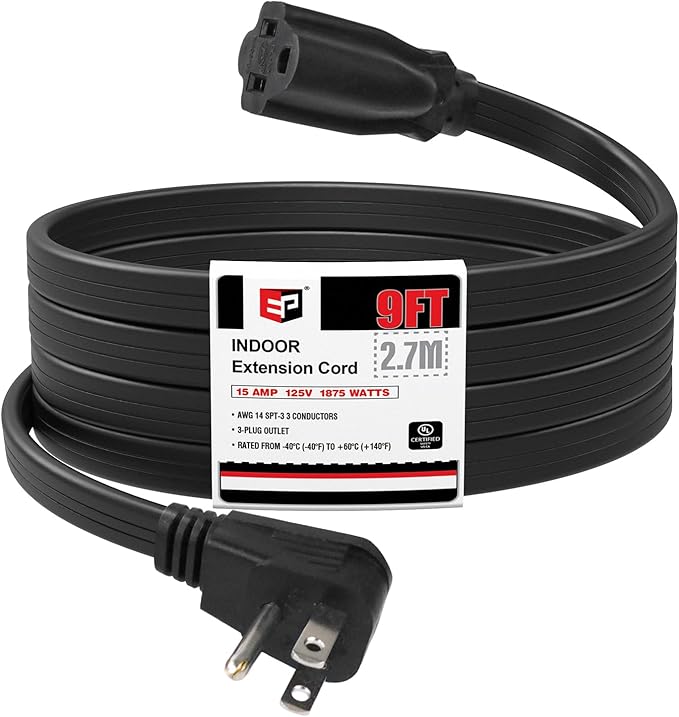 EP 9 Ft Heavy Duty Appliance Extension Cord - 14 Gauge 3 Prong Grounded Cable Wire, Ideal for Air Conditioners, Refrigerators, Microwaves, Washing Machines & More - Indoor Use, Black