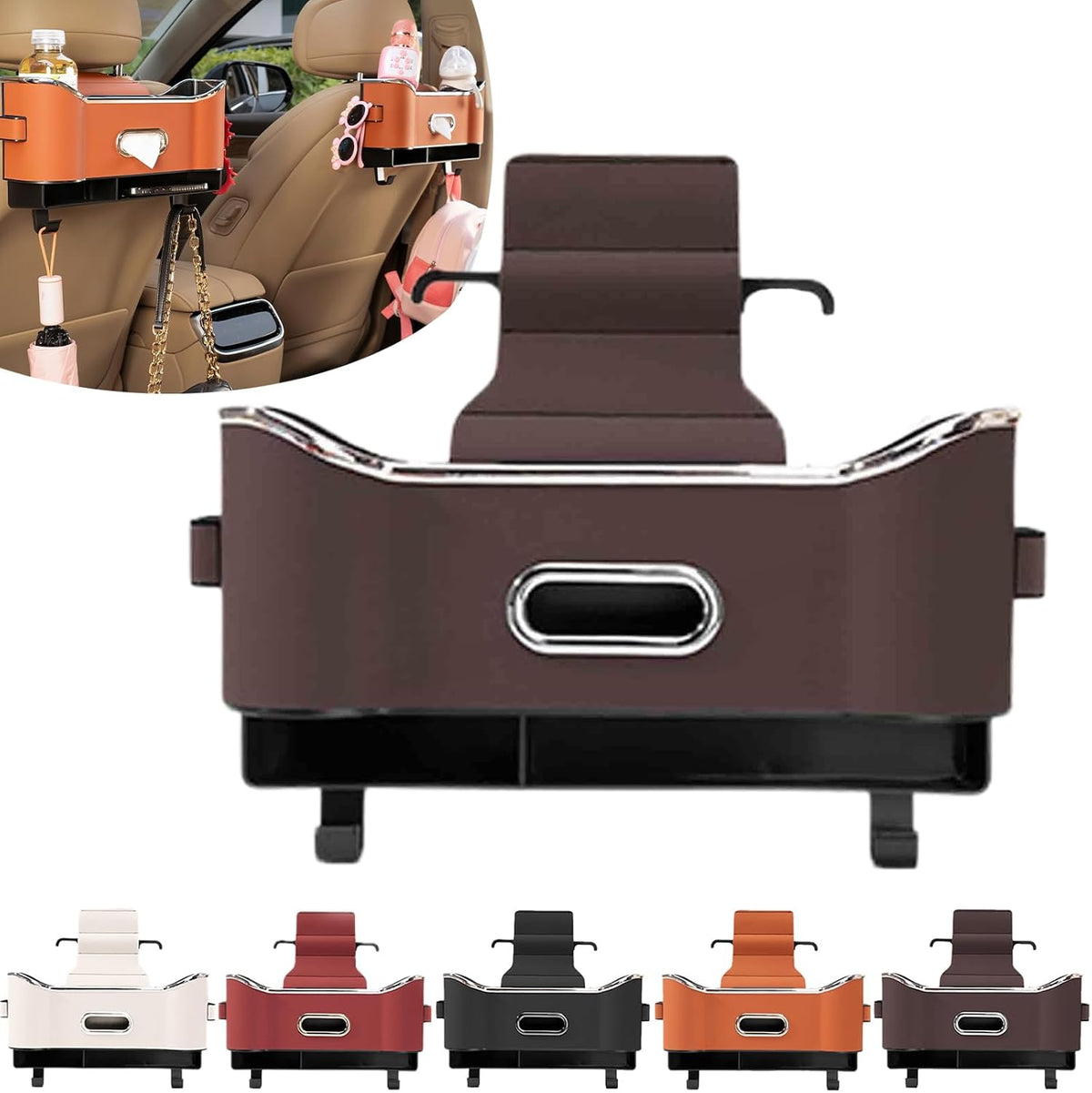 Multifunctional Car Seat Back Storage Box, Car Seat Tissue Box and Storage Box,Universal Car Tissue Organizer Back Seat with 2 Drink Cup Holder (Brown)
