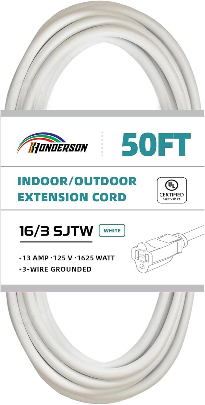 Indoor Outdoor Extension Cord Weatherproof, UL Certified, 16 Gauge 50FT White 3 Prong Heavy Duty, 16/3 SJTW 13A Power Cord for Outdoor Lights, Appliances, Lawn