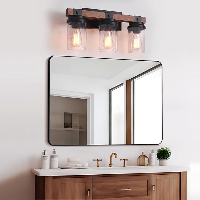 Farmhouse Vanity Light Fixtures, 3-Light Rustic Bathroom Lights Over Mirror with Pretty Glass Shade, Industrial Black Metal Wood Wall Decor Sconces for Living Room Hallway Stairway UL-Listed