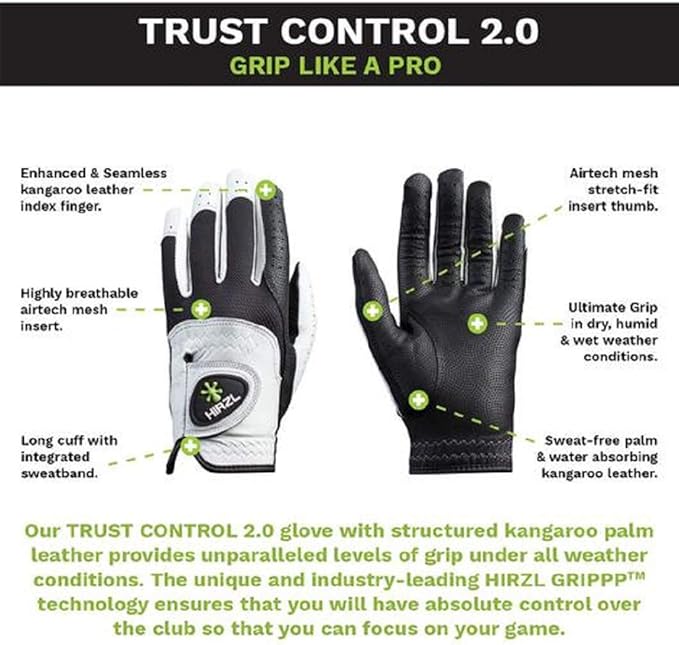 HIRZL Trust Control 2.0 Golf Glove, All Weather Mens Golf Glove, White/Black, Kangaroo Leather Palm, Cabretta Leather Backhand, Trusted by Pro’s, Sweat Free, Ultimate Grip