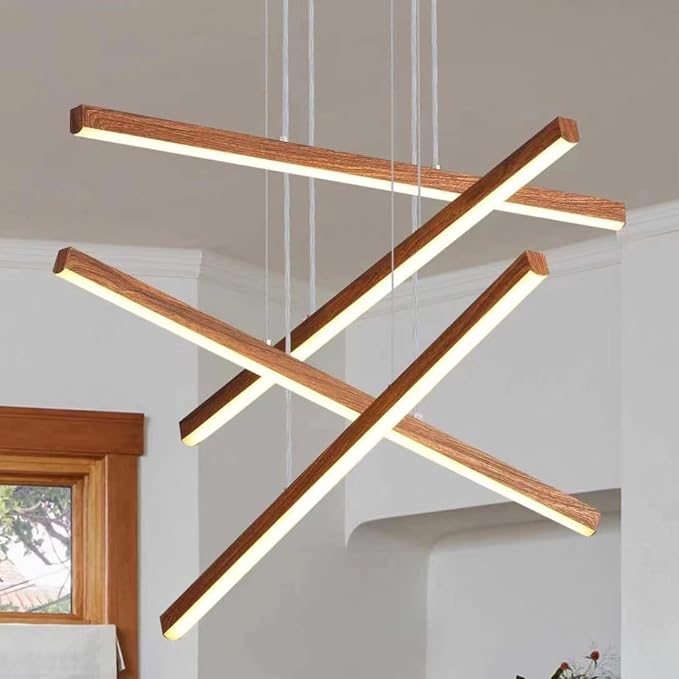 LED Linear Pendant Light for Dining Room Wood Grain Finish 4 Light LED