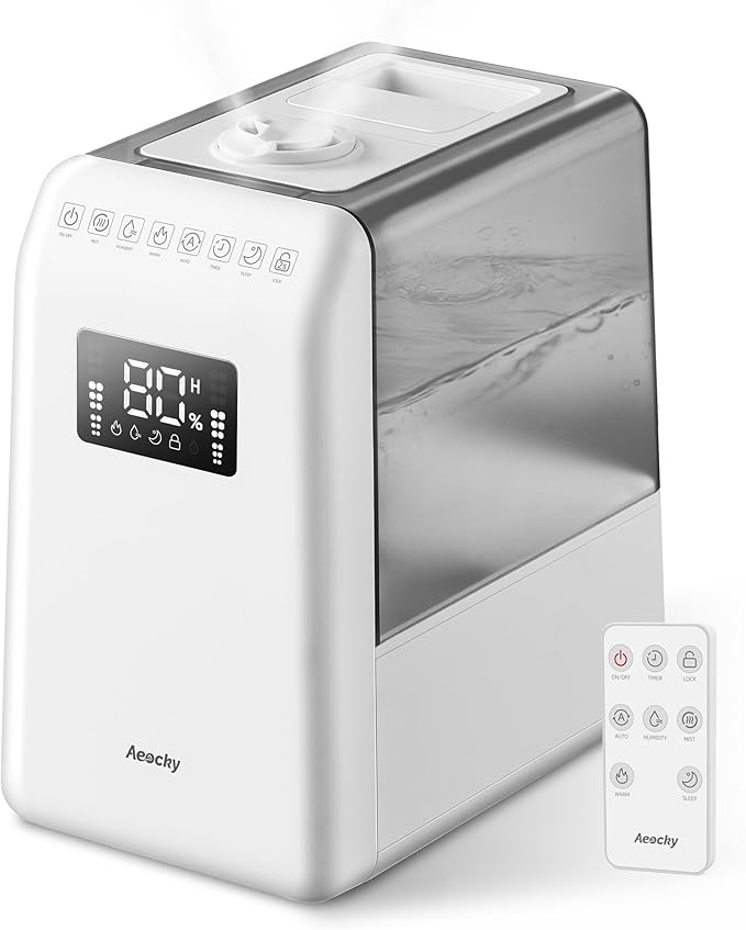 600ml/h Warm and Cool Mist Humidifier for Large Room, Aeocky 6L Top-Fill Humidifier with Remote for 821ft² Coverage, Essential Oil Diffuser with Humidity Sensor, Timer, Sleep, Auto Mode