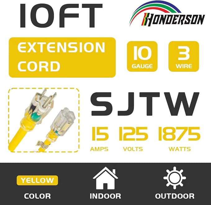 Indoor Outdoor Extension Cord Weatherproof with Lighted End, UL Certified, 10 Gauge 10FT Yellow 3 Prong Heavy Duty, 10/3 SJTW 15A Power Cord for Outdoor Lights, Lawn