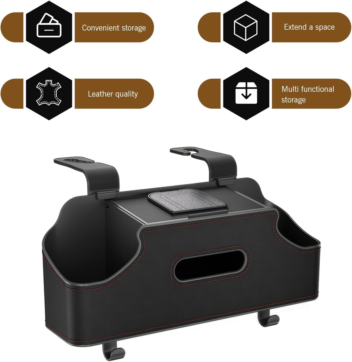 Car Back Seat Organizer Box, Leather Headrest Hanging 4-in-1 Backseat Storage with 2 Cup Holder, Tissue Box, Phone Pocket for Travel, Universal for Most Cars, SUVs (Black)