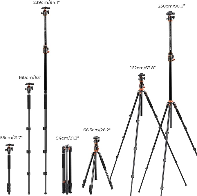 K&F CONCEPT 90''/230cm Ultra High Camera Tripod T254A7+BH-28L | Horizontal