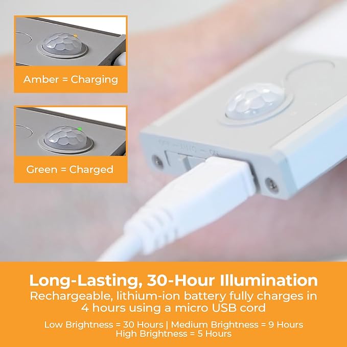Rechargeable Under Cabinet Lighting, Motion Sensor On/Off, Warm White LED, Stick-On Install for Kitchen & Closets - 1 Bar