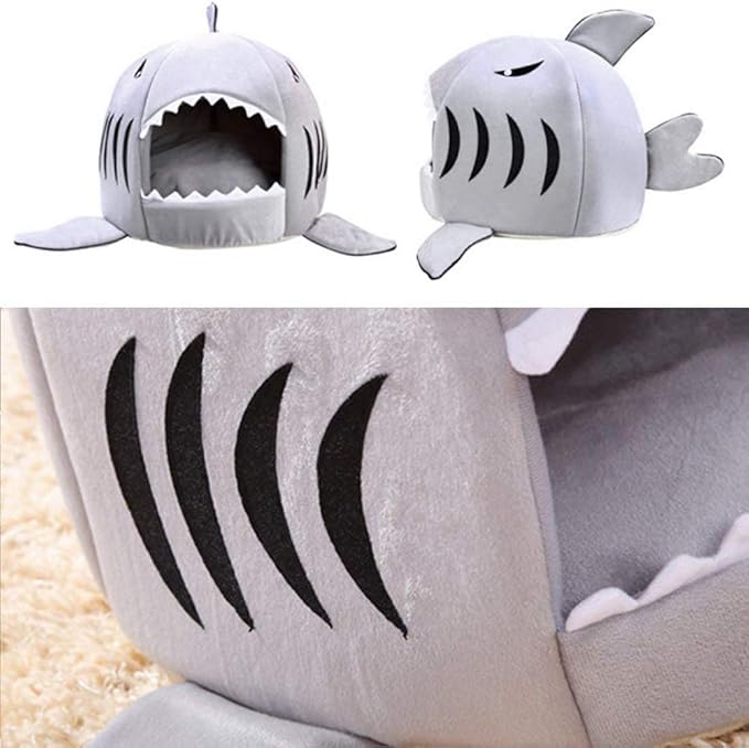 Shark Shaped Pet Dog Puppy Bed Warm Cat Bed House Nest for Autumn Winter Grey M