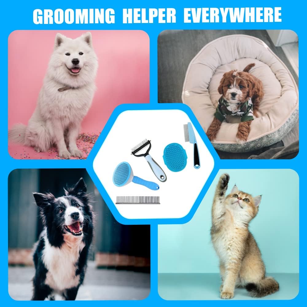 Skiennix Dog Brush Grooming Kit - 5PCS Set for Shedding, Flea Comb & Slicker Brush | Blue