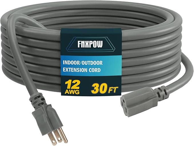 Indoor Outdoor Extension Cord, 12 Gauge 3 Prong Weatherproof Heavy Duty Gray Extension Cords, 12/3 SJTW 15A 30 FT Extension Cable for Garage, Garden and Home, UL Listed