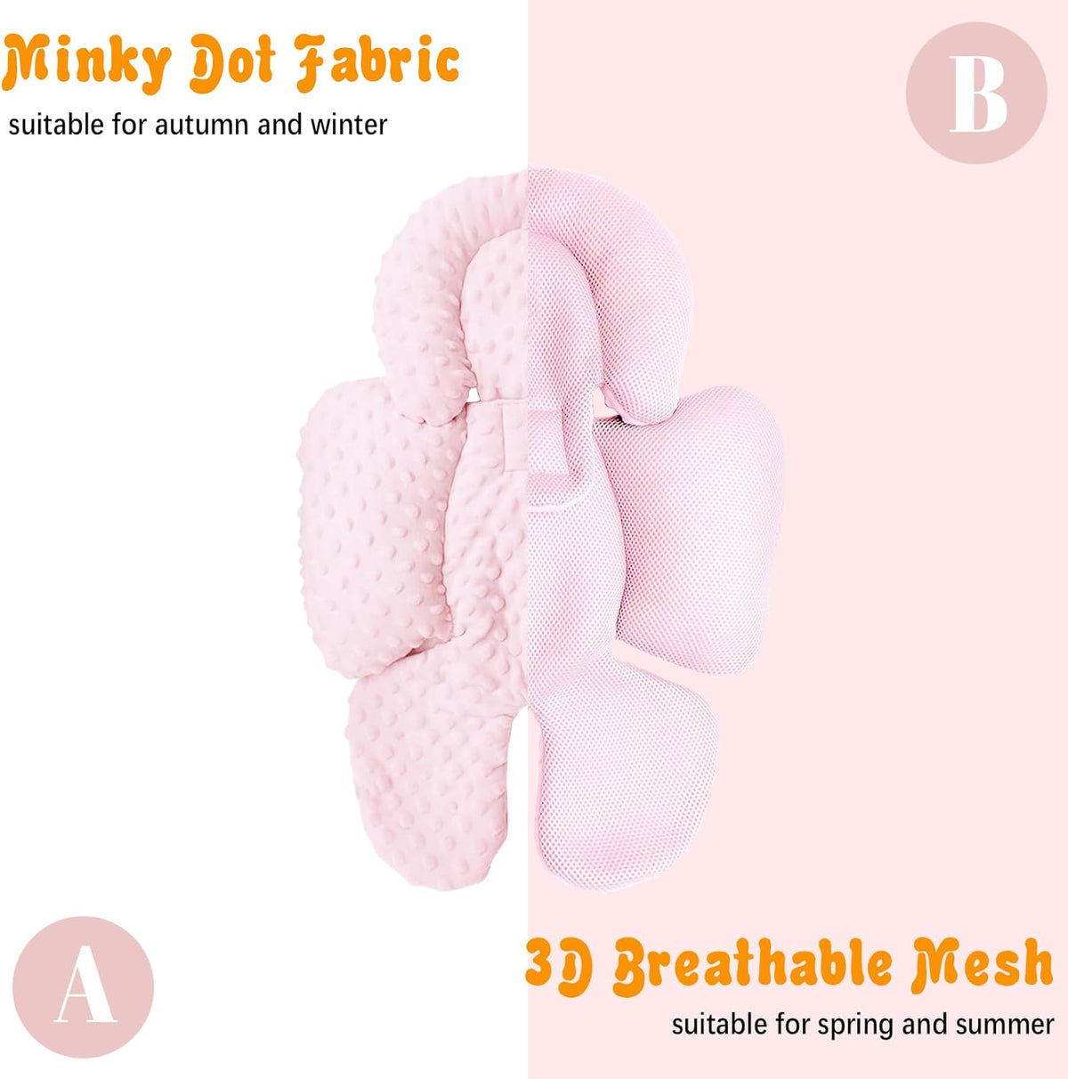 KAKIBLIN Infant Car Seat Insert, Carseat Head Insert & Body Support for Newborn, 2-in-1 Reversible Newborn Car Seat Cushion, Soft Stroller Insert for Car Seats, Bouncer, Strollers, Swing (Pink)